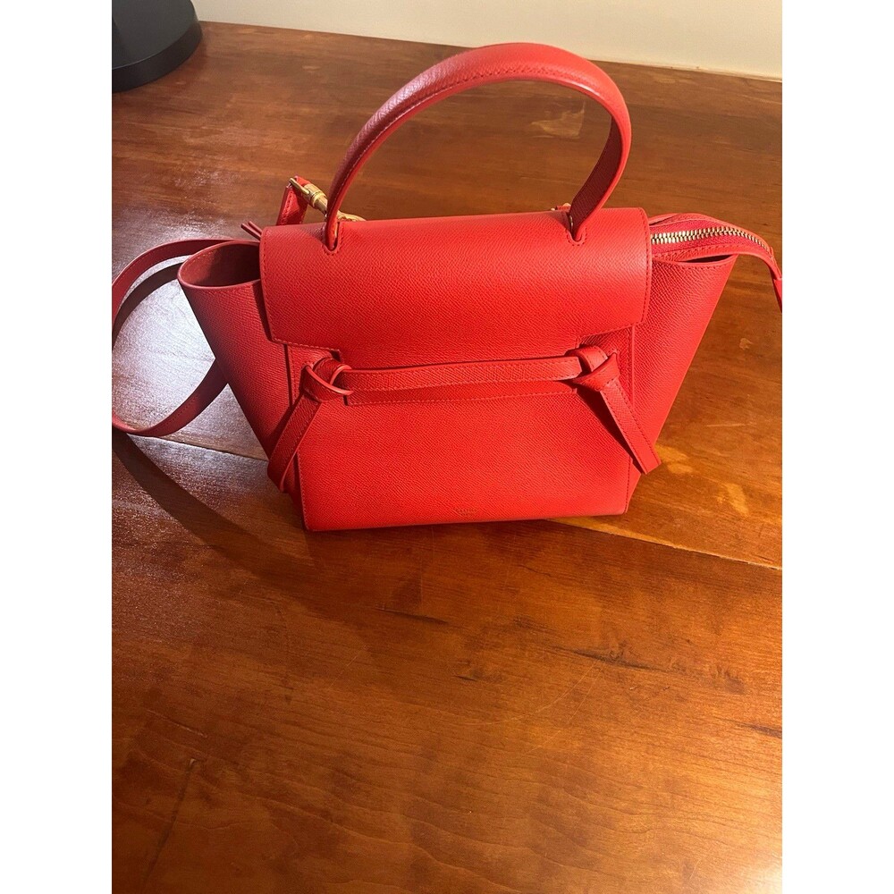 CELINE Belt Bag Small Red Grained Satchel Top Handle Gold Hardware Strap